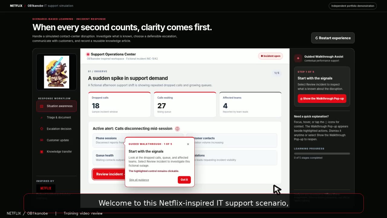 Existing approved Netflix OB1kanobe support-training video still